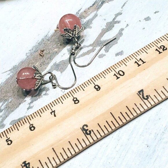 Artsy Leaf Capped Cherry Quartz Gemstone Dangle Silver Platinum Plated Earrings - Picture 11 of 11